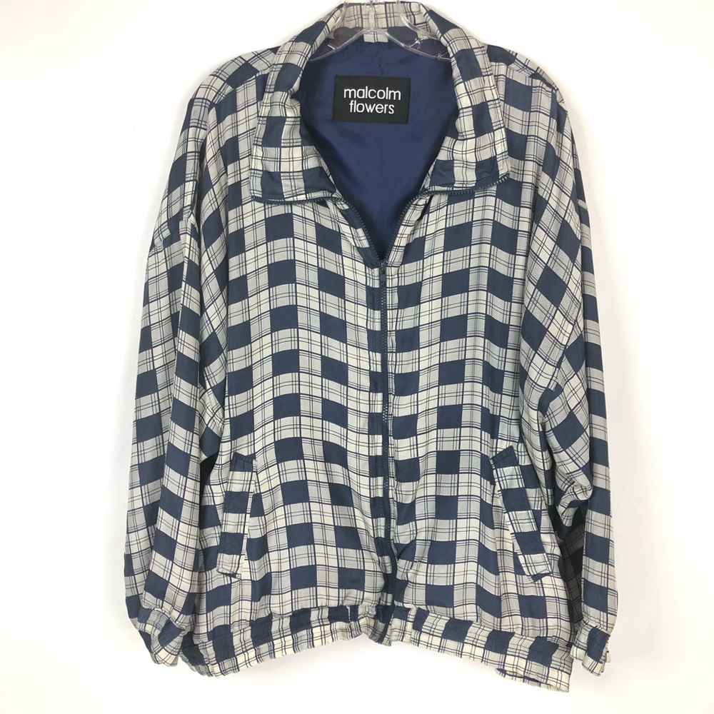 MALCOLM FLOWERS VTG SILK Zip-up Windbreaker Plaid - Picture 3 of 8